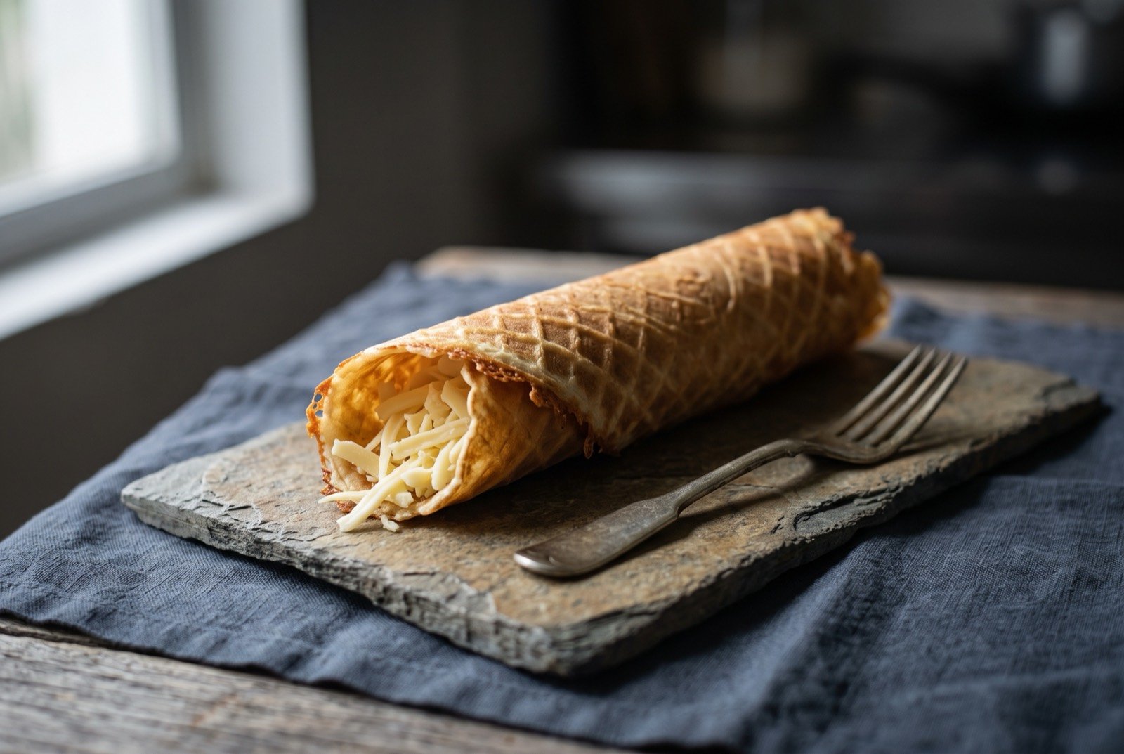 Marquesitas, a crisp rolled wafer filled with shredded Edam: a thin, tightly rolled golden wafer resting diagonally on the board, one end left open to show pale shredded cheese just visible inside.