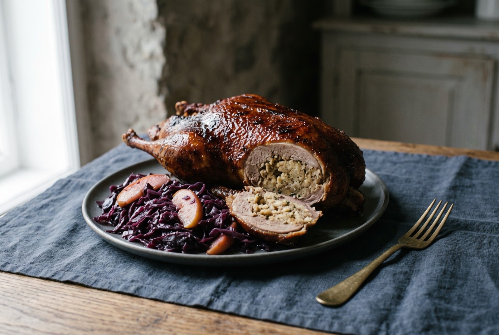 Marreco recheado, stuffed duck with red cabbage: a whole roasted duck with deep mahogany, glossy skin, carved at one end to reveal pale stuffing within, a generous mound of dark red braised cabbage studded with pale apple slices resting alongside.