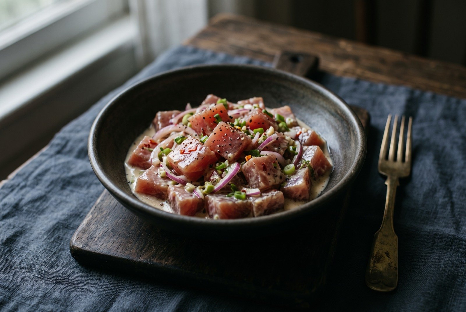 Marshall Islands style raw tuna in mayonnaise, soy and lime: cubed raw tuna glossy with a pale creamy dressing, flecked with thin slices of onion, in a plain dark bowl on a dark wooden board.