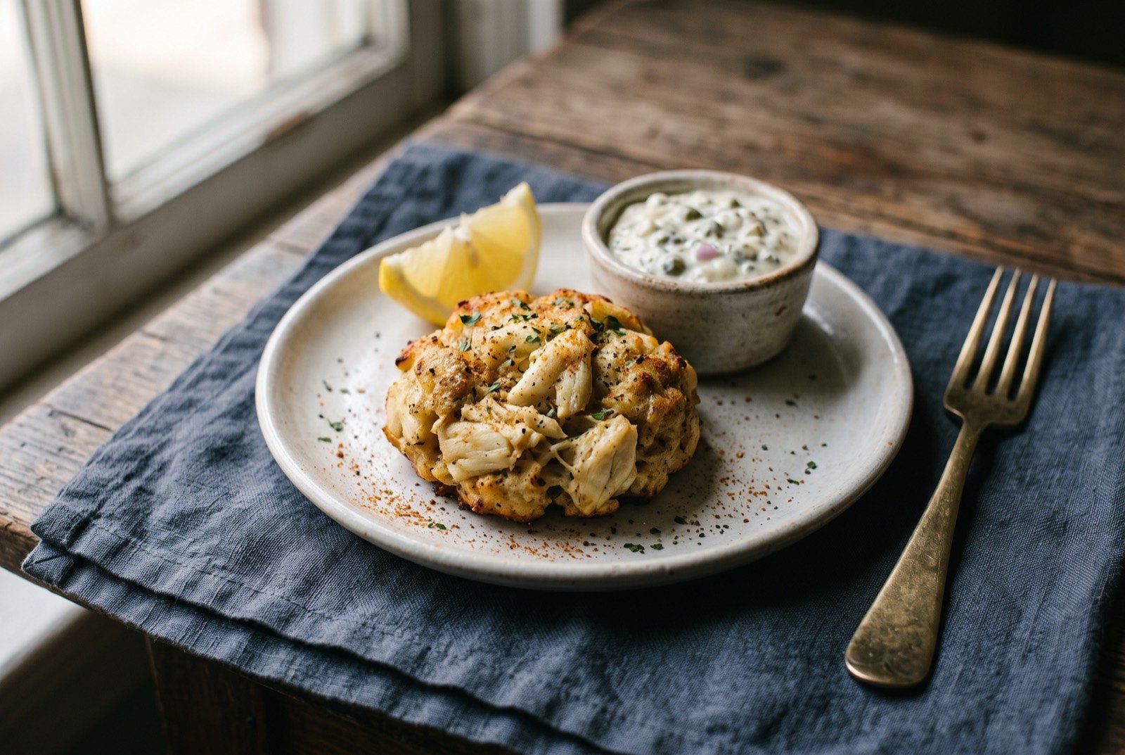 The Maryland crab cake: a single lightly browned crab cake on a small white plate, its craggy surface showing large distinct lumps of pale crabmeat barely held together.