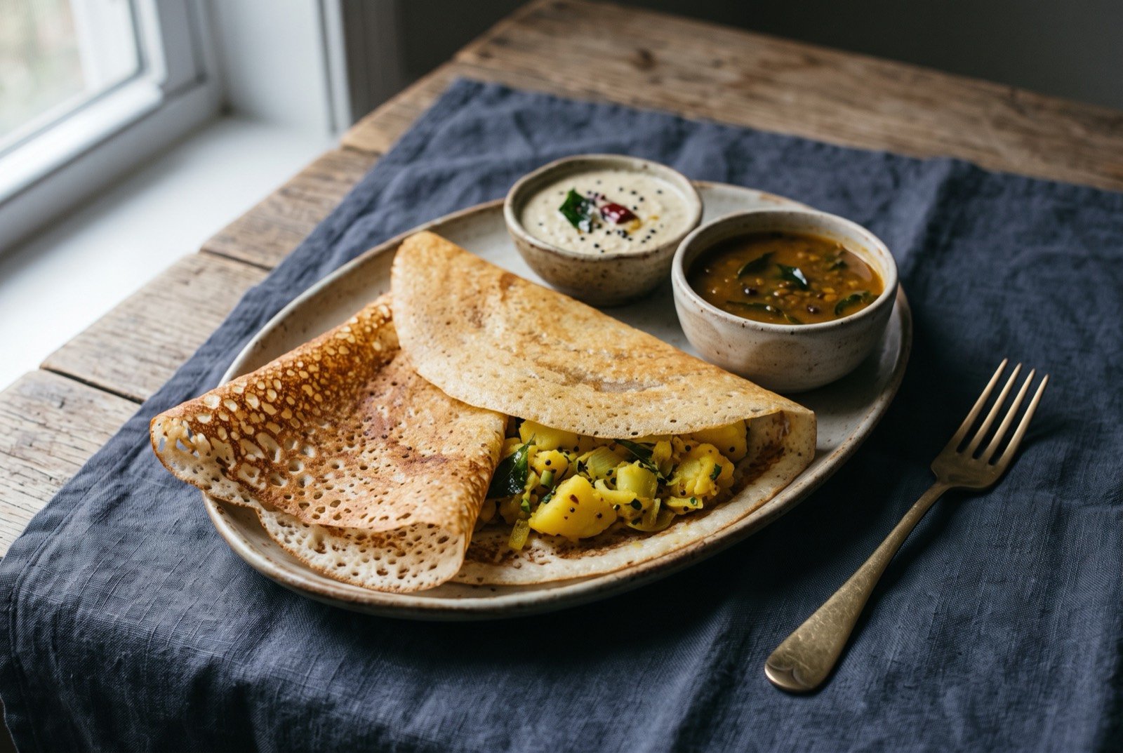 Masala dosa, a fermented crepe folded around spiced potato: a long, thin, deep golden-brown crepe folded over a mound of pale yellow spiced potato filling just visible at the open end.