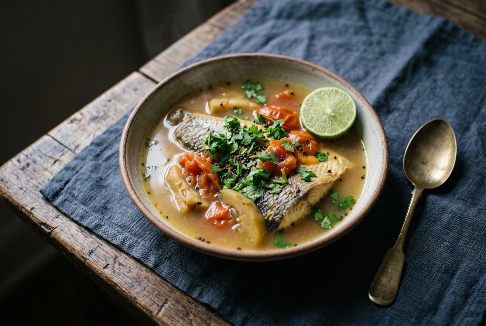 Masor tenga, a light sour Assamese fish curry: pale golden fish steaks sitting in a thin, clear, faintly yellow-green sour broth, a few tomato pieces and a sprig of coriander visible.