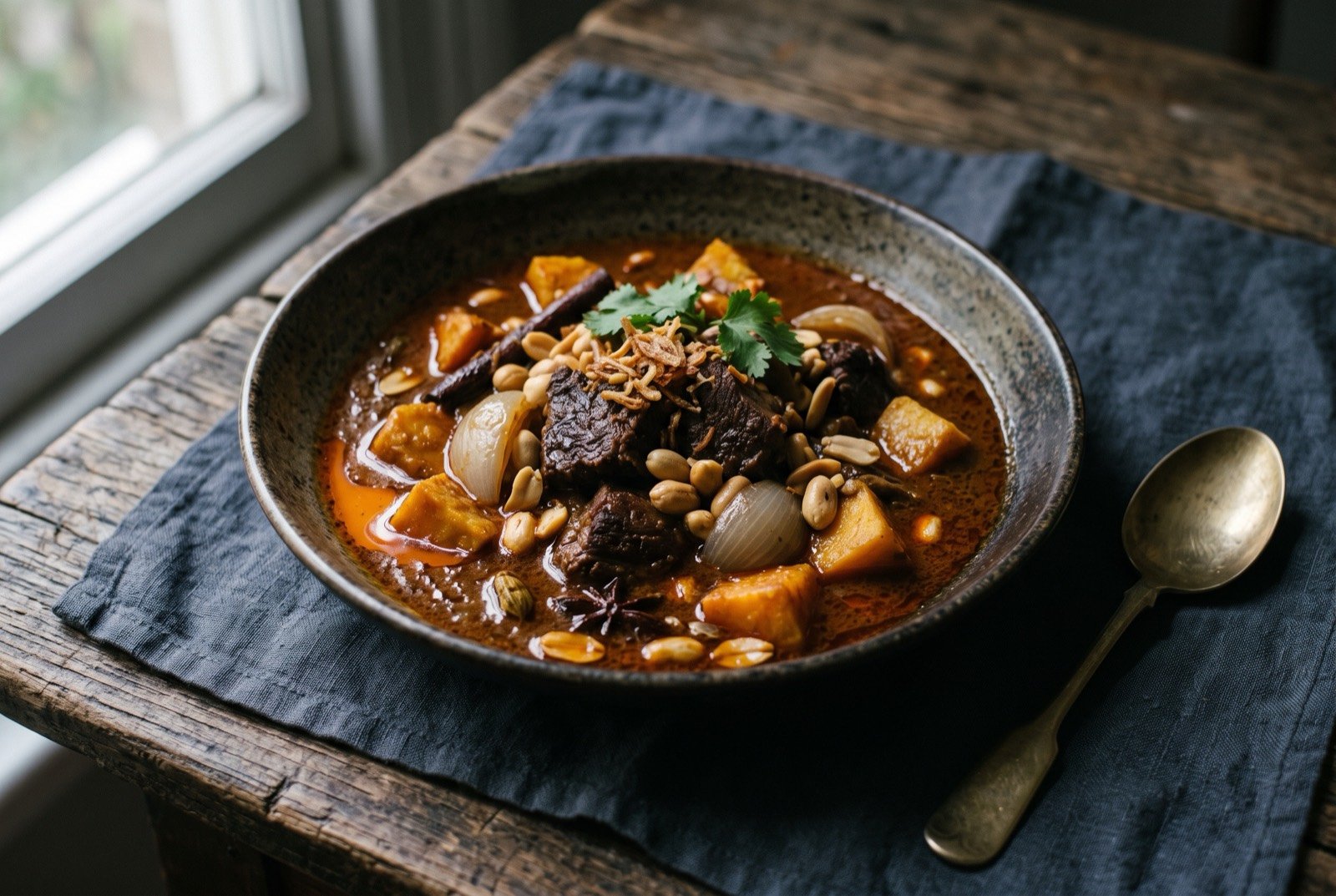 Massaman, slow braised beef with sweet potato and peanuts in a deep spiced curry: a wide bowl of a deep reddish brown curry, tender cubes of dark braised beef and soft golden sweet potato chunks visible beneath its rich surface.