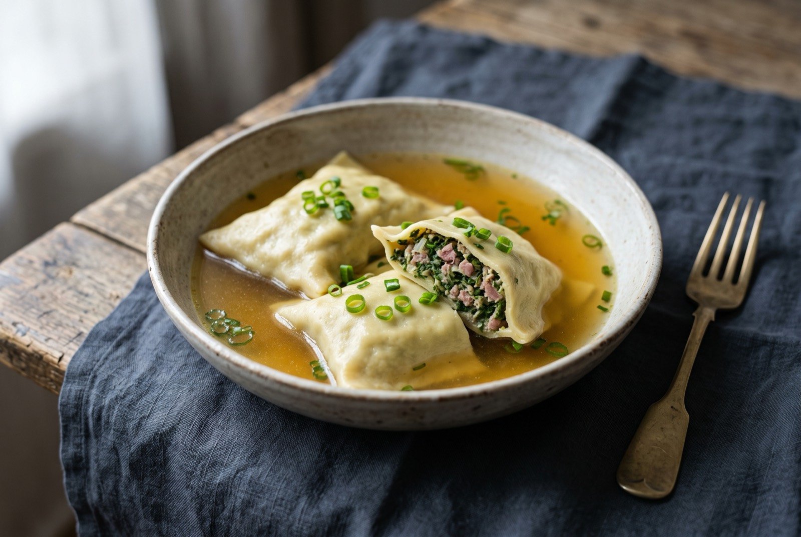 Maultaschen, large stuffed pasta parcels: several large rectangular pale pasta parcels sitting in a shallow pool of golden broth in a wide bowl, one parcel cut open to reveal a dark green and pink flecked spinach and meat filling inside.