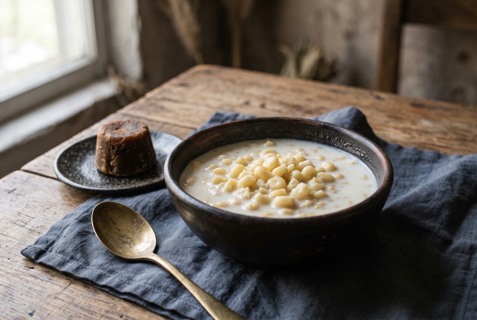 Mazamorra antioqueña, a sweet corn and milk dessert: a rustic bowl of pale, thick corn kernels suspended in white milk, a small block of dark panela resting on a side plate beside the bowl.
