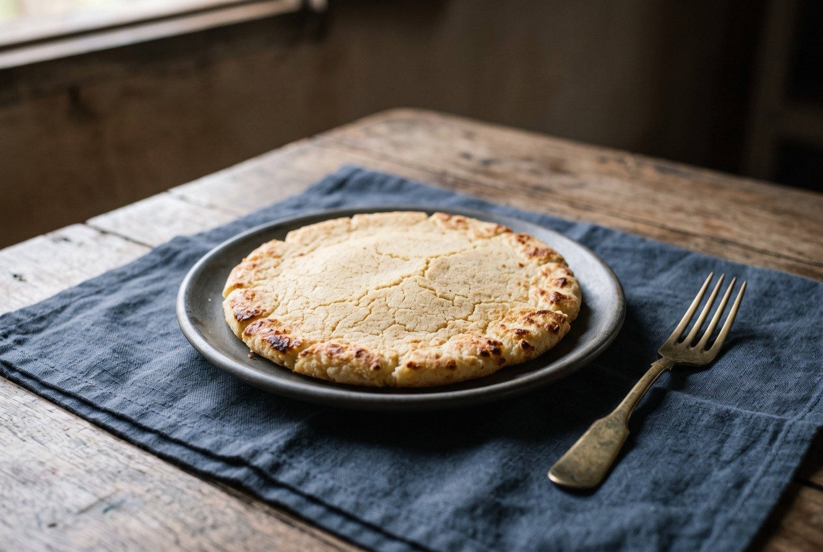 Mbeju, a pan fried cassava starch and cheese flatbread: a flat, round disc of pale golden bread with a dense, slightly sandy textured surface and deeply browned crisp edges, sitting on a plain board.