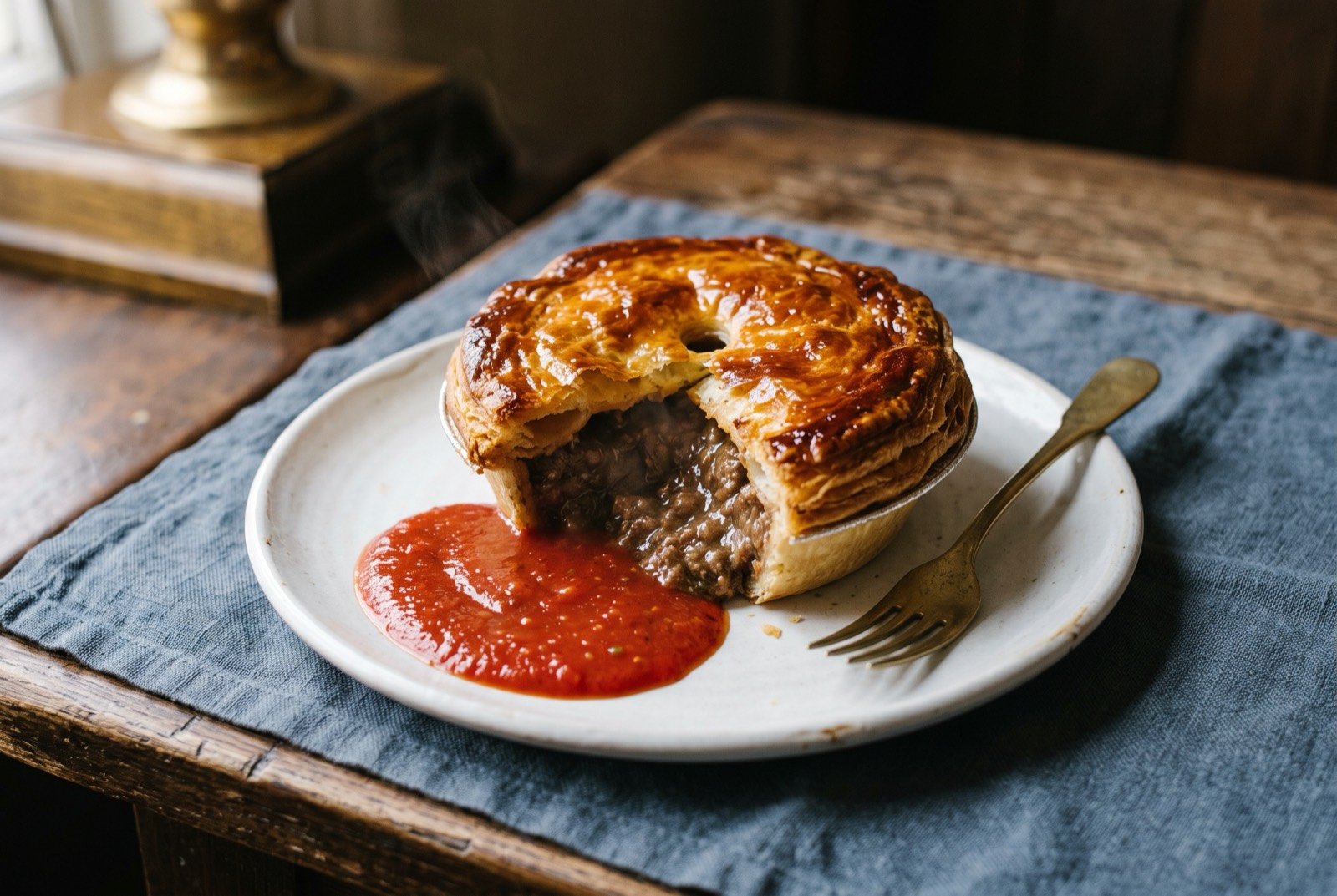 The Australian meat pie, minced beef pie with a glossy pastry lid and tomato sauce: a single individual meat pie on a plain white plate, the puff pastry lid deep golden brown and glossy from an egg wash, one wedge cut away to show the thick.