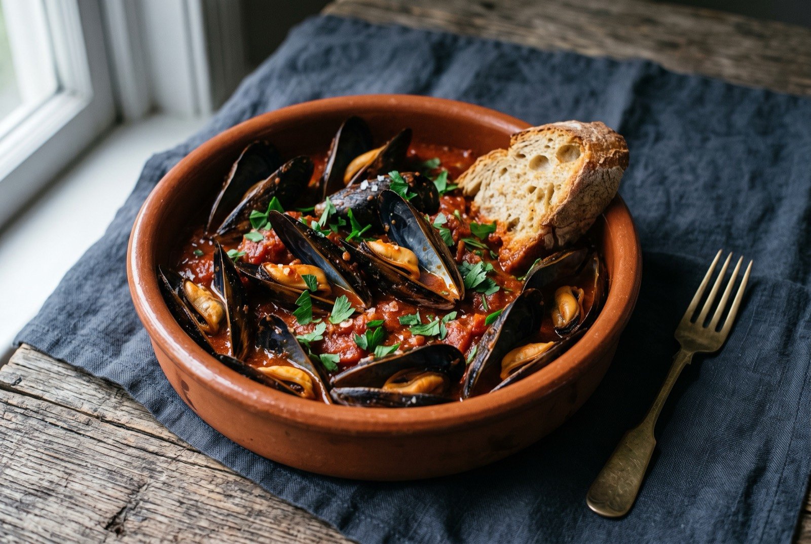 Mejillones a la gallega, mussels in a paprika and tomato sauce: a wide terracotta dish of open black-shelled mussels bathed in a thick, brick-red pimentón and tomato sauce, flecks of chopped parsley scattered over the top.