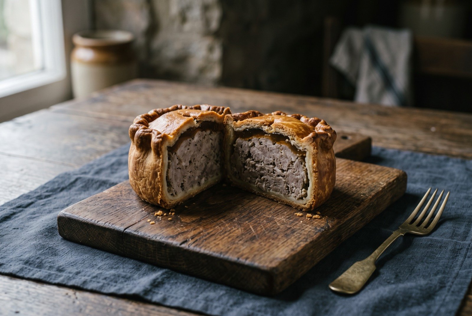 Melton Mowbray pork pie, hand raised hot water crust: a single hand raised pork pie with a deep golden brown bowed crust that bulges slightly outward at the sides, no supporting tin visible.