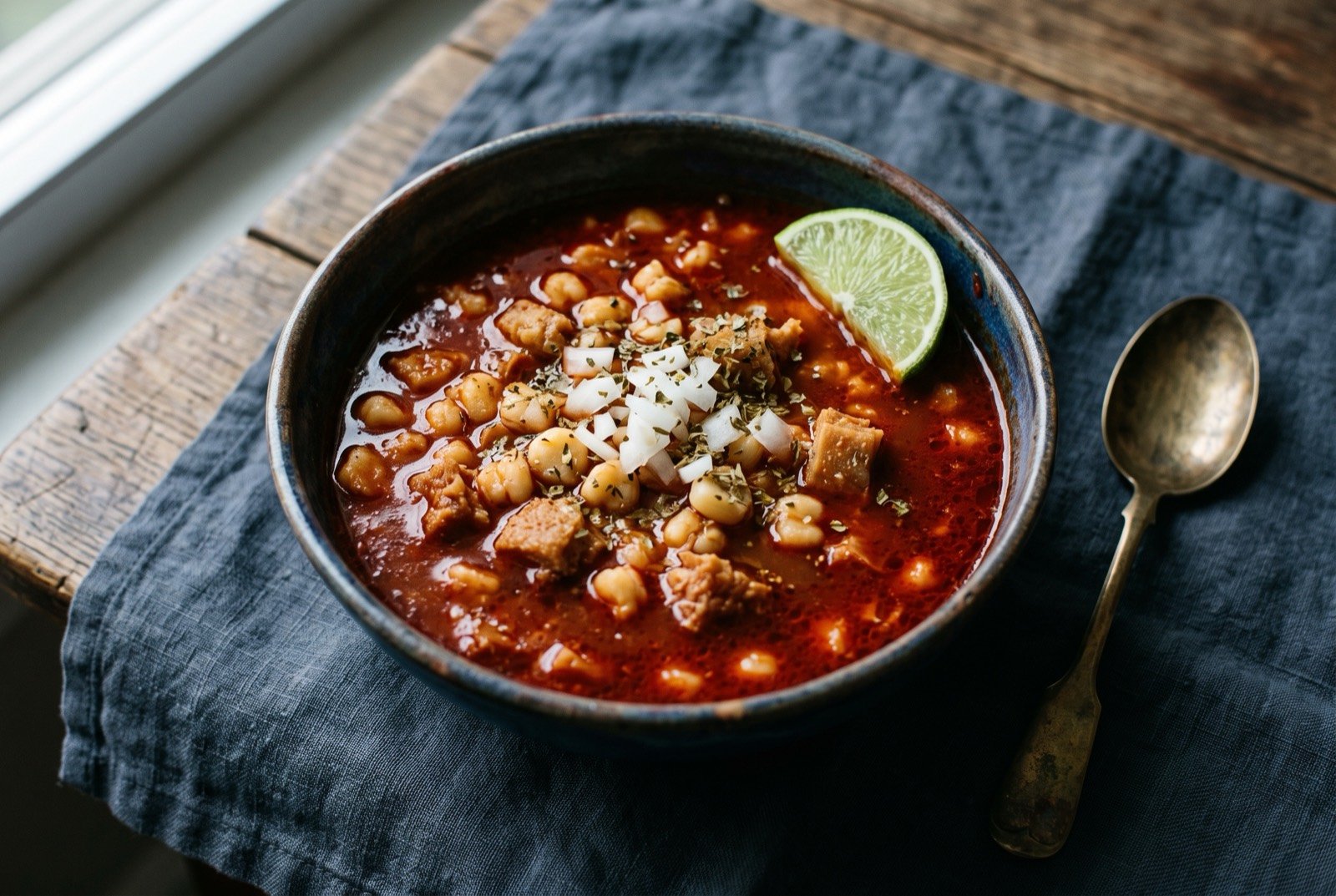 Menudo norteño, a red chile tripe and hominy soup: a deep reddish broth in a rustic bowl, pale swollen hominy kernels and soft cubed tripe suspended through it, a scatter of chopped white onion and dried oregano across the surface.