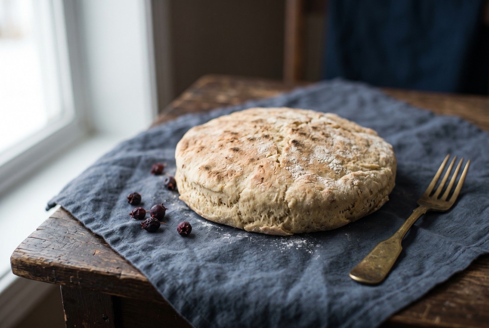 Métis bannock, a fur trade griddle bread: a thick, pale golden round of griddle baked bread with a coarse, slightly craggy crust and small dark blistered spots, dusted lightly with flour.