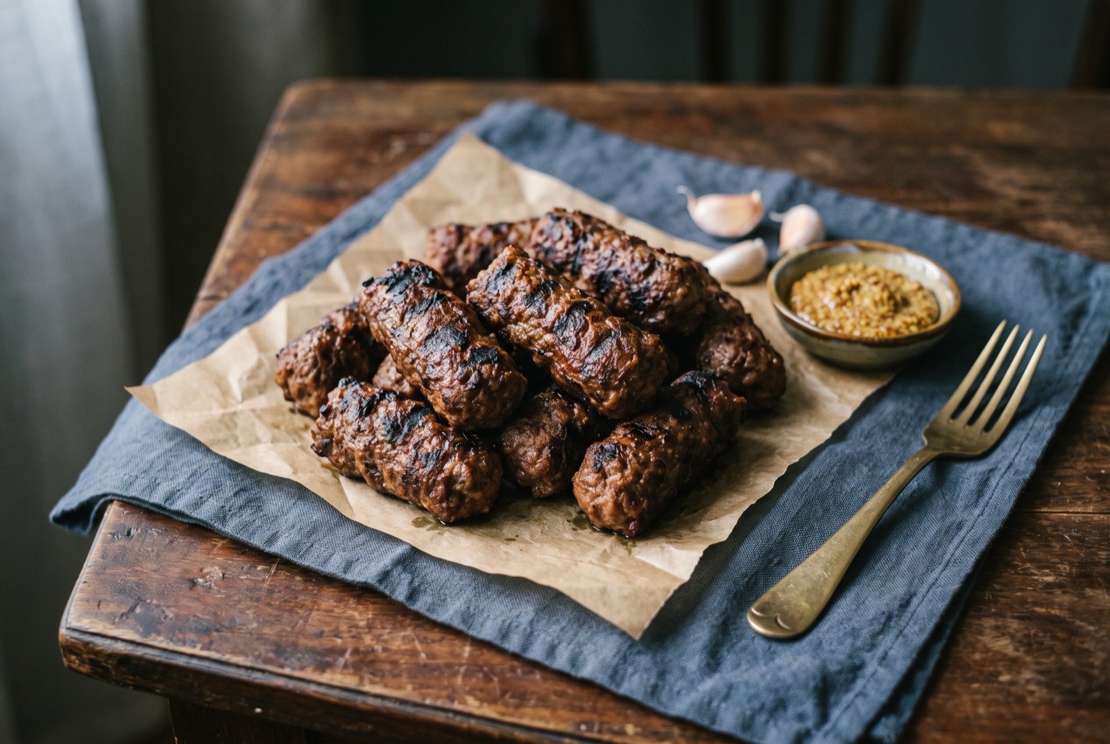 Mici, Romanian grilled minced meat rolls without casing: several short charred cylindrical meat rolls with a deeply browned, blistered surface and visible grill marks, stacked loosely on brown paper.