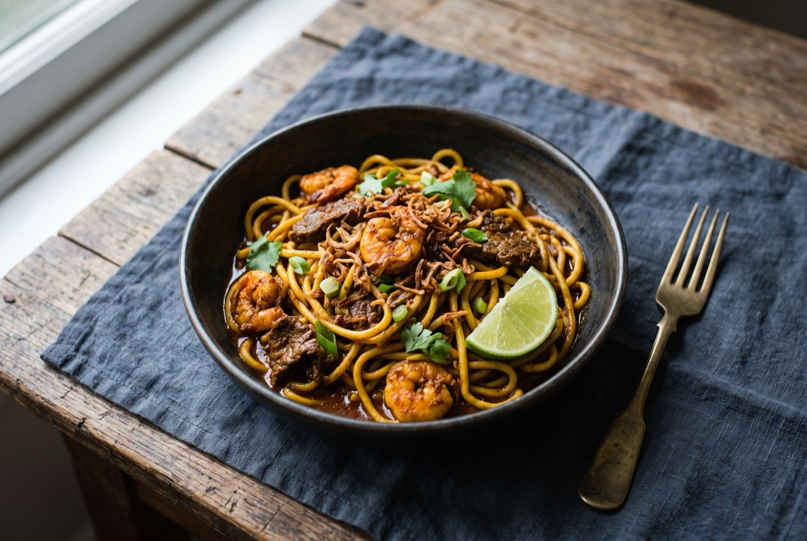 Mie Aceh, thick yellow noodles in a spiced curry sauce: a tangle of thick yellow noodles glossed dark red brown with curry spice, prawns and sliced beef worked through, a scattering of crisp fried shallot and a wedge of lime resting to one side.