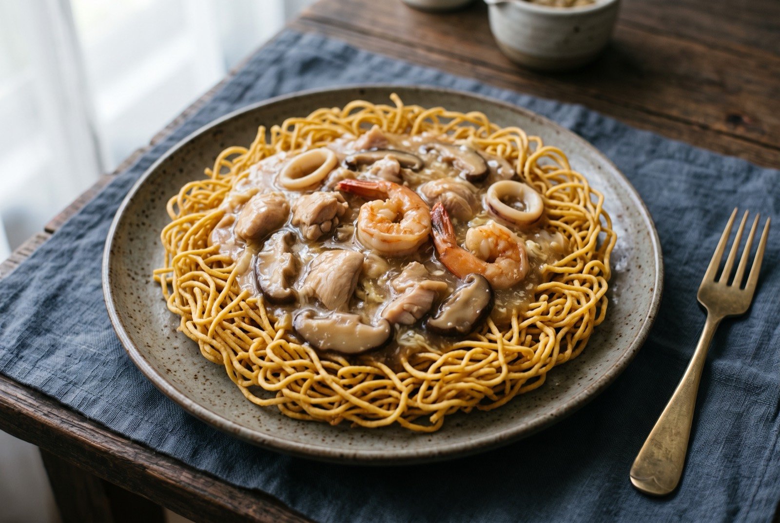 Mie titi, crisp fried dry noodles under a thick sauce of chicken, prawn, squid and mushroom: a bed of golden, tightly tangled crisp fried noodles on a round plate, a glossy pale brown sauce ladled thickly over the centre.