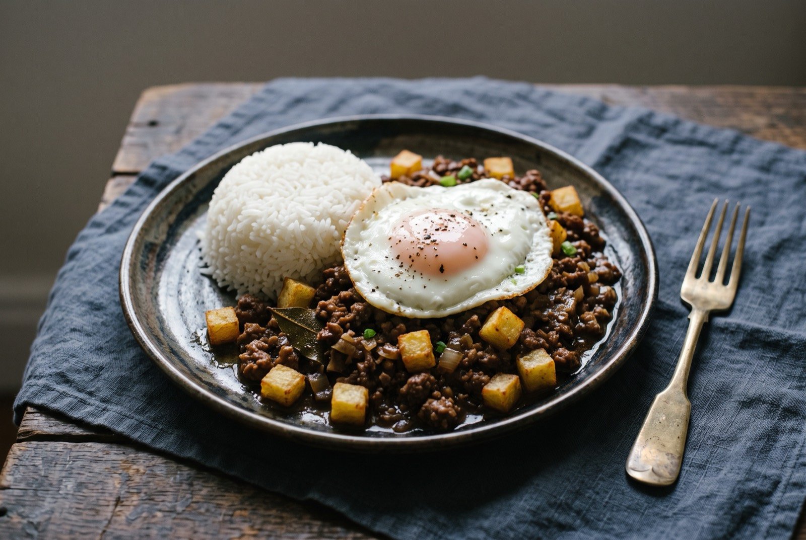 Minchi, minced beef and pork with fried potato and a fried egg: a plate of dark savoury minced meat studded with small golden cubes of fried potato, a fried egg with a soft runny yolk resting on top.