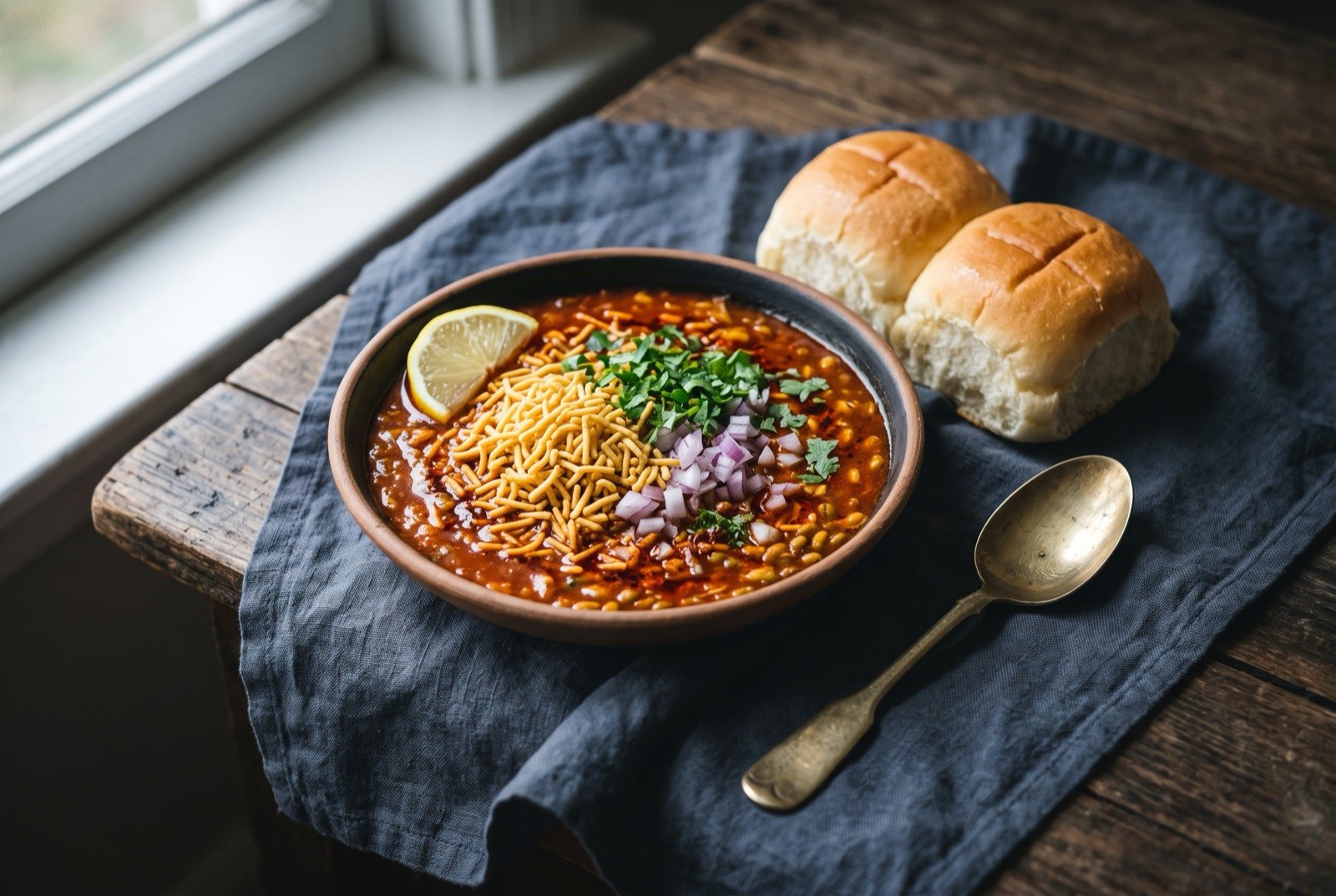Misal pav, sprouted lentil curry with a bread roll: a bowl of thin orange-red spicy sprouted lentil curry topped with a crunchy pile of pale sev, a soft white bread roll resting beside the bowl.