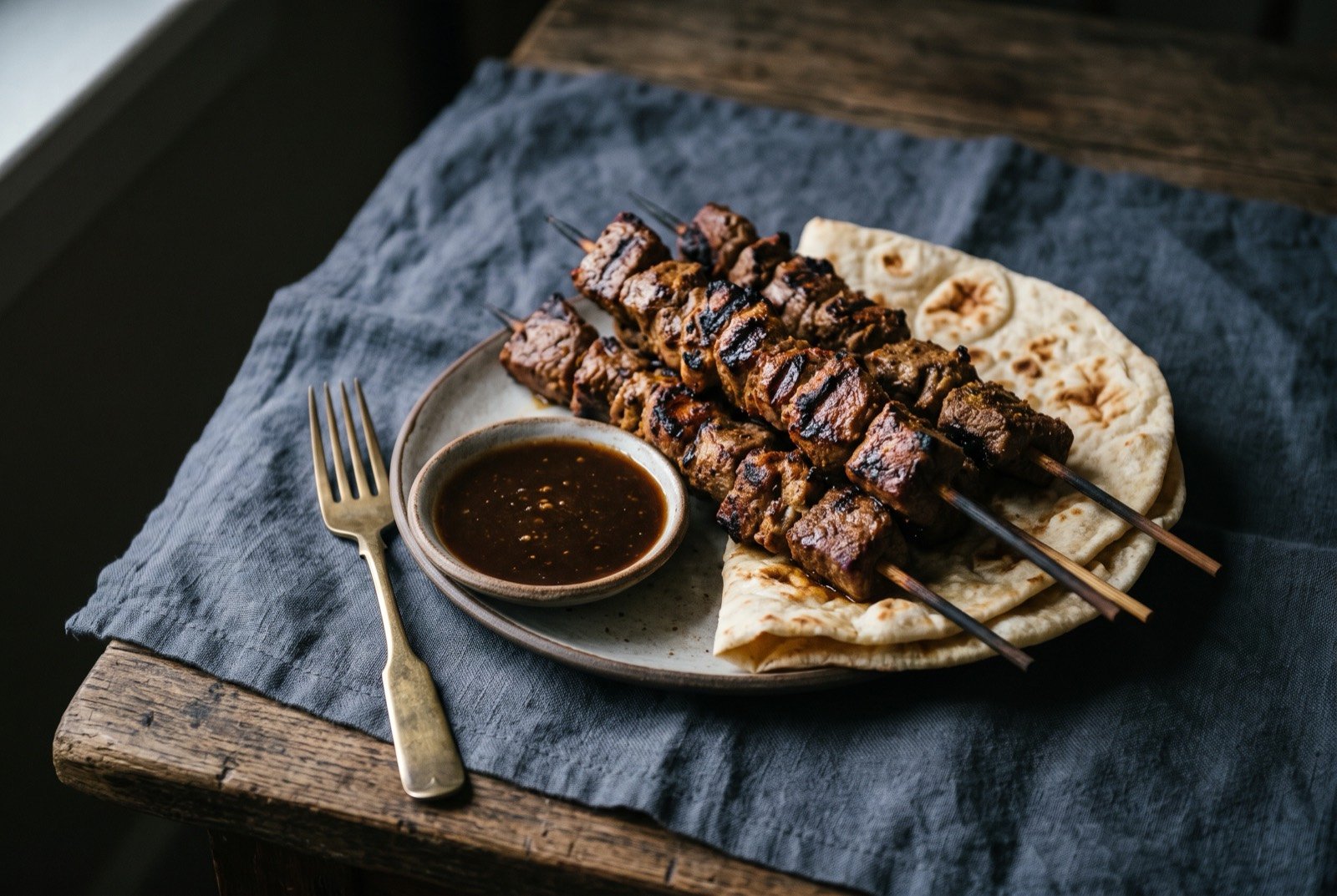 Mishkak, charcoal-grilled skewered meat: a fan of three wooden skewers threaded with well-charred cubes of lamb, dark grill marks visible on each face, a small dish of dark tamarind dipping sauce set beside them.