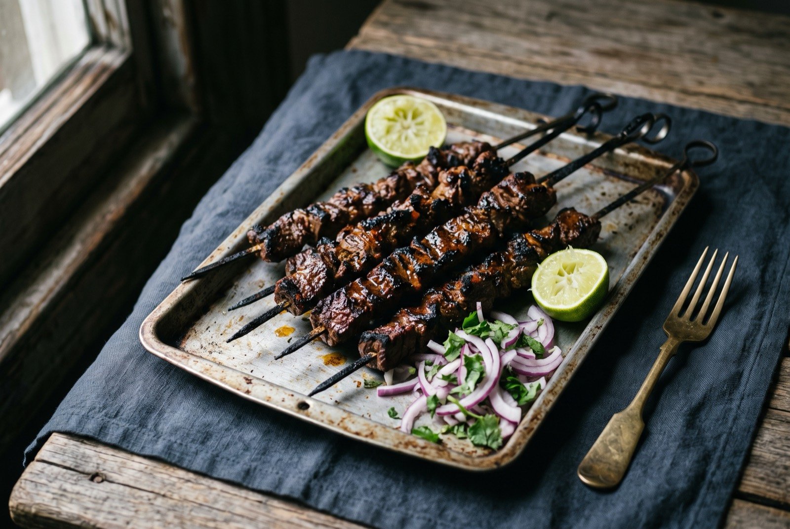 Mishkaki: thin marinated beef skewers grilled hard over coals, edges charred and glistening, laid on a metal tray with a squeeze of lime and a scattering of raw onion.