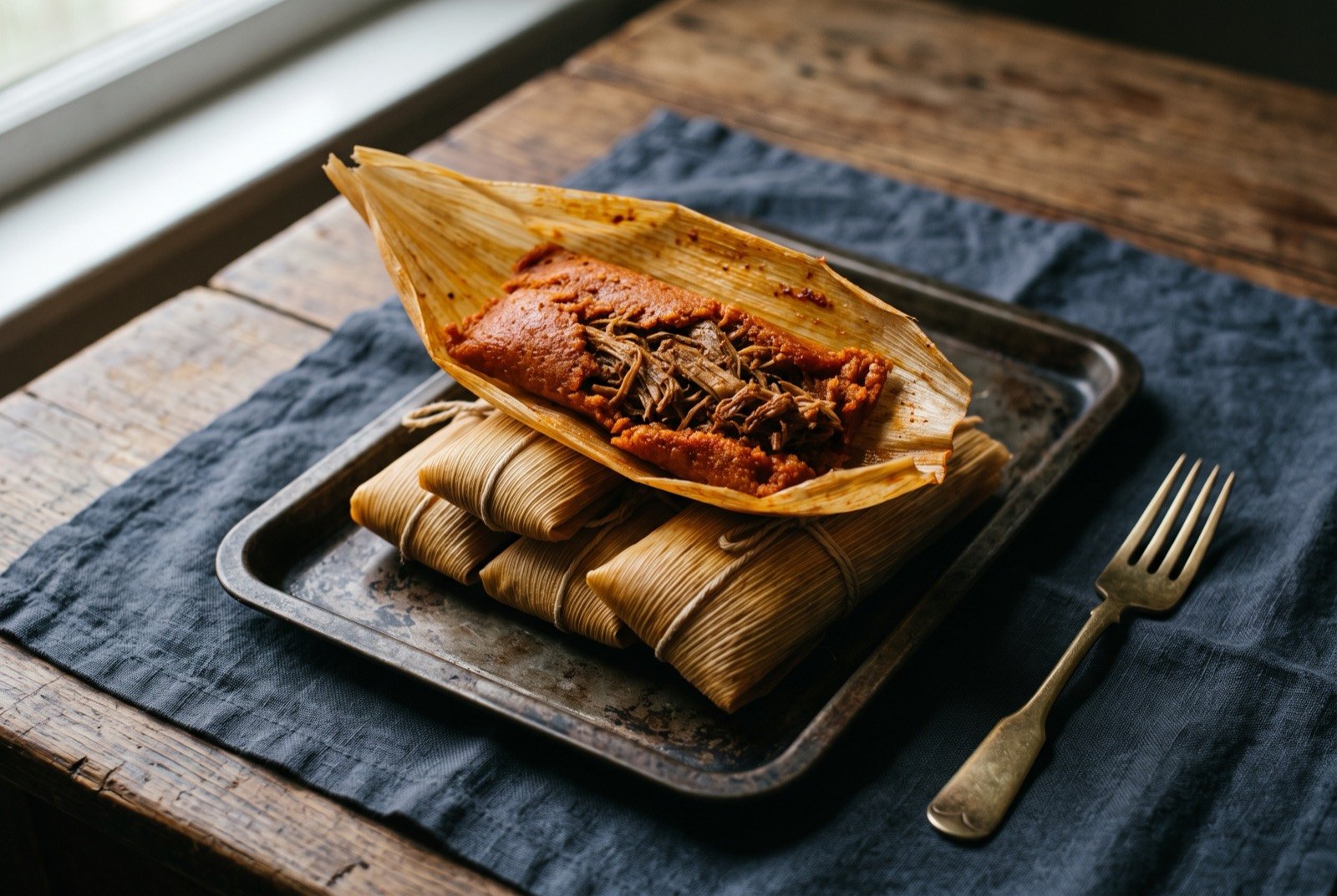 Mississippi Delta hot tamales, cornmeal parcels filled with shredded pork: a small stack of slender corn husk parcels, one peeled open to reveal a deep red orange cornmeal tamale filled with shredded pork.