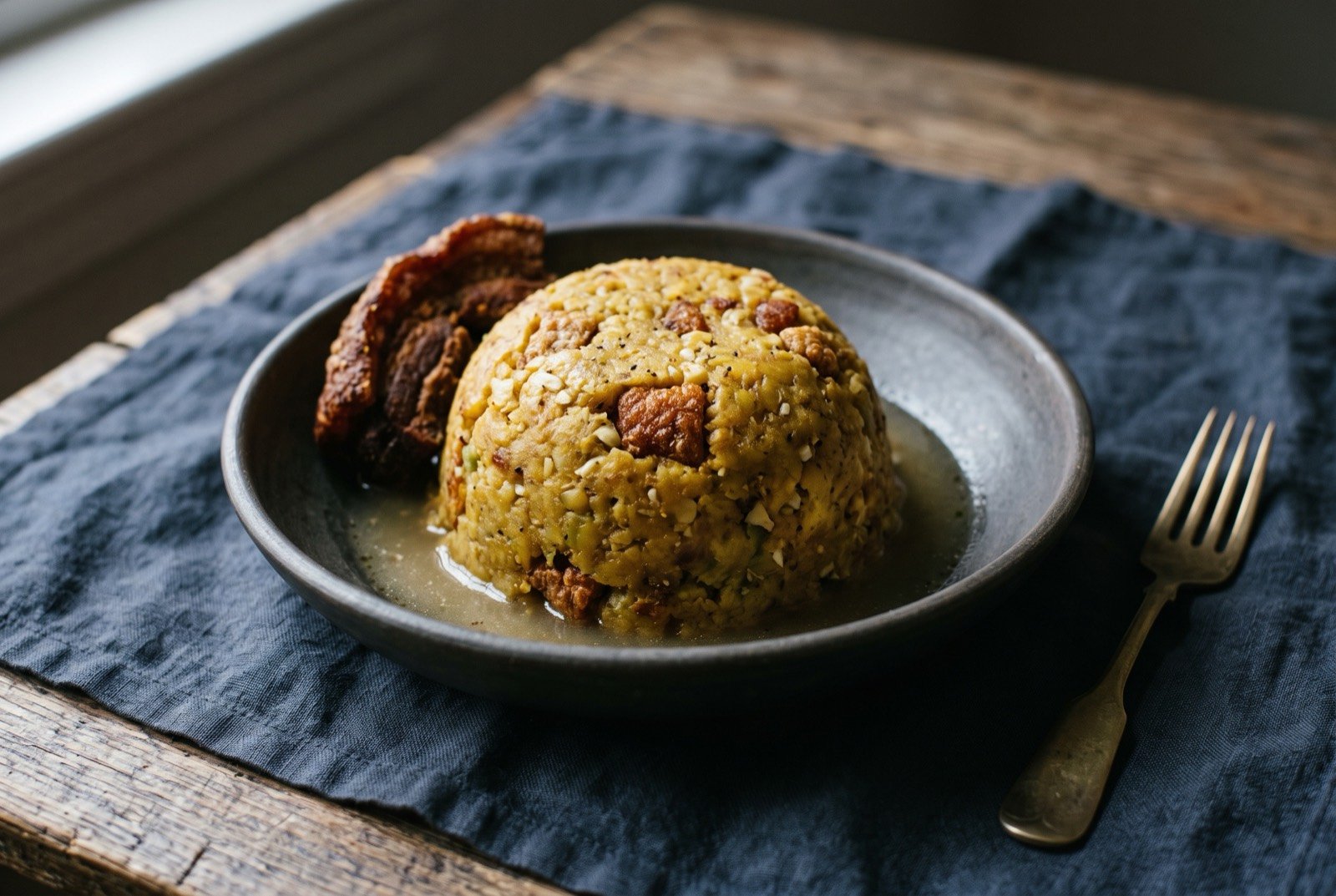 Mofongo, Puerto Rican mashed fried plantain with garlic and pork: a golden dome of mashed fried plantain studded with visible flecks of garlic and crisp pork cracklings, set beside a small pool of pale garlic broth in a shallow bowl.