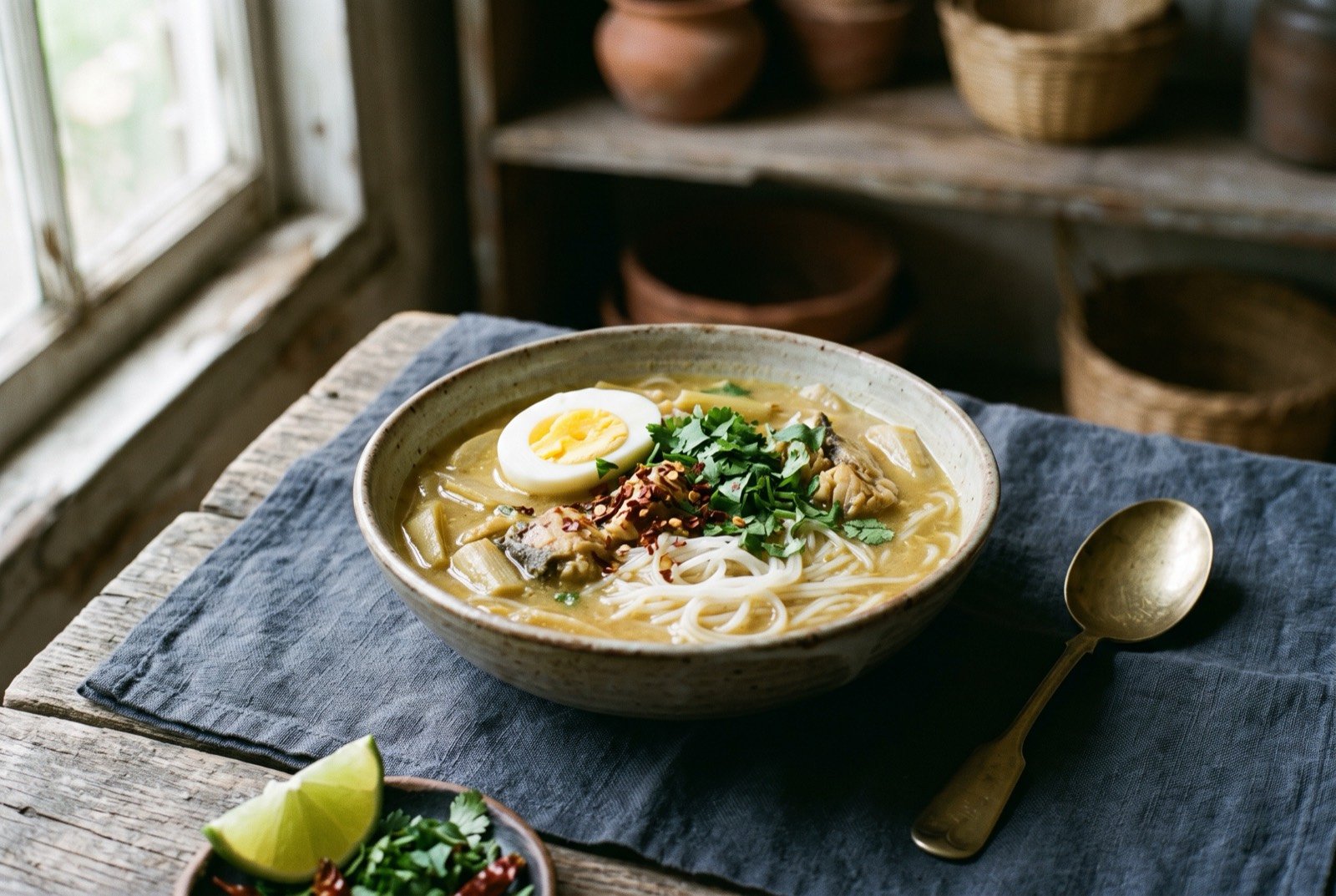 Mohinga, Myanmar's national fish and rice noodle soup, thickened with chickpea flour and banana stem: a shallow bowl of pale golden, lightly thickened fish broth over soft rice vermicelli, flakes of catfish and pale slices of banana stem visible in the liquid.