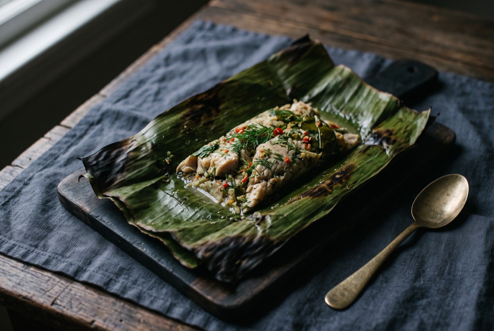 Mok pa, fish and herbs sealed and steamed in a banana leaf parcel: a banana leaf parcel unfolded open at one end on a dark board, revealing a moist pale fish and herb filling flecked with dill and chilli.