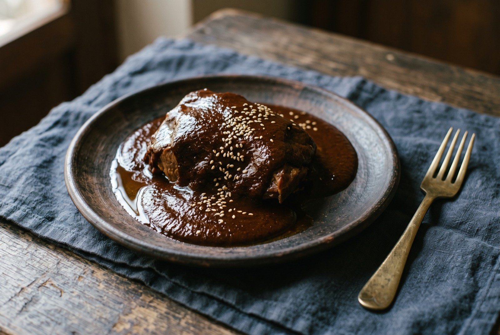 Mole de xico, a sweet, sour-edged Veracruz mole: a dark reddish brown, glossy mole ladled thickly over a piece of braised meat on a plain earthenware plate, a faint sheen of rendered fat visible on the sauce's surface.