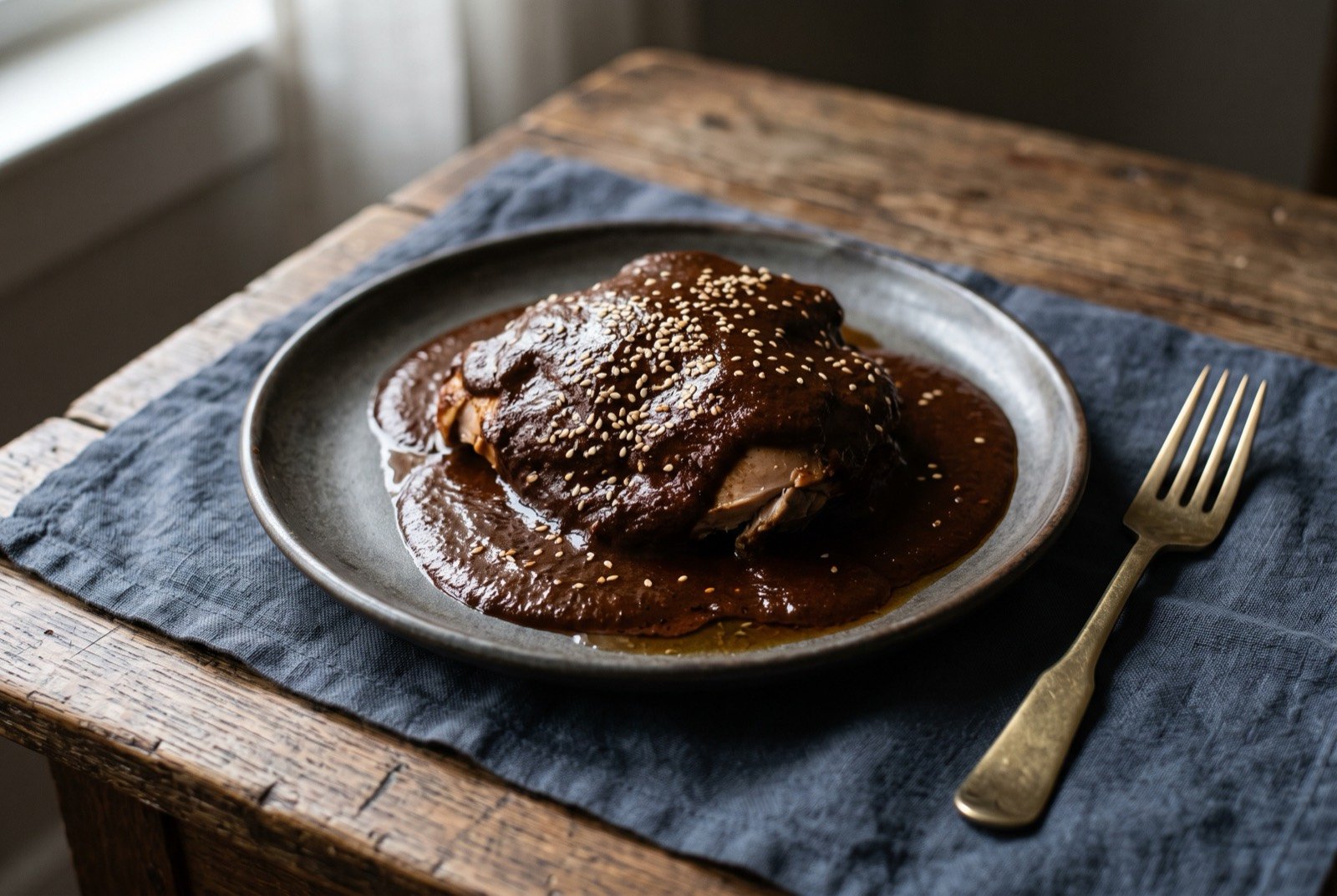 Mole poblano, a dark chile, chocolate and spice sauce over turkey: a deep reddish brown, glossy sauce ladled generously over a piece of turkey or chicken, the surface faintly sheened with rendered fat.