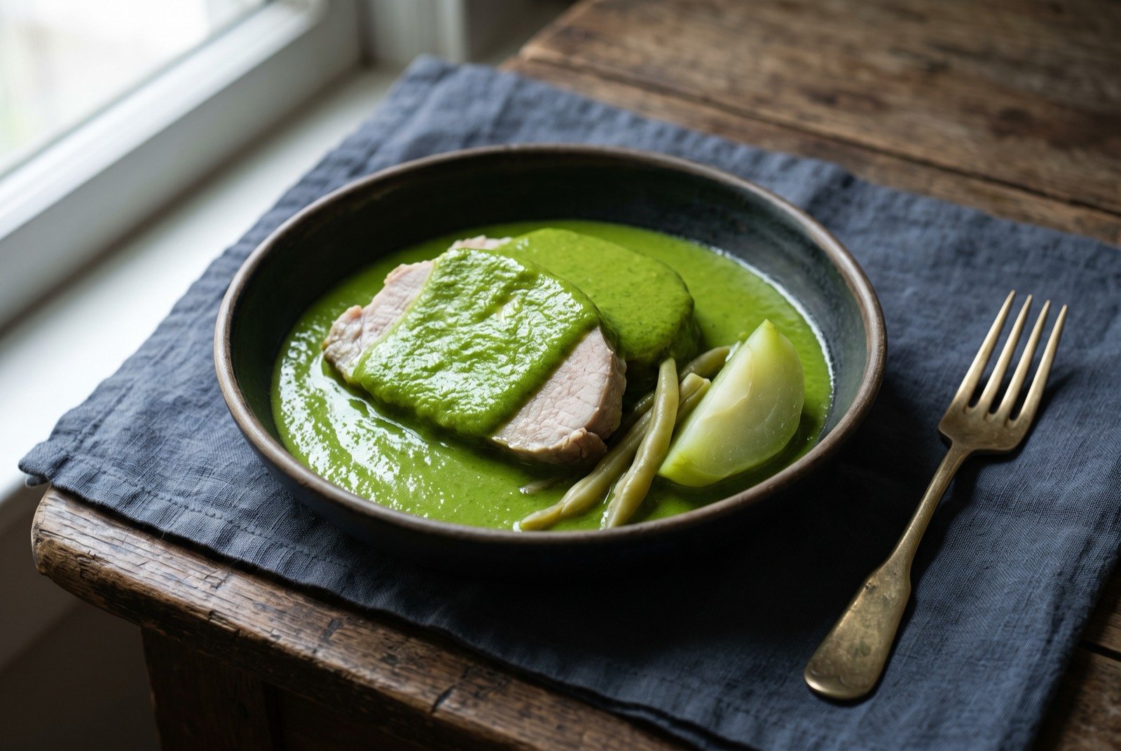 Mole verde, a bright herb and tomatillo mole: a vivid, clean green sauce ladled over a piece of poached pork, the surface smooth and glossy rather than flecked, a few pale green beans and a wedge of chayote visible at the edge of the pool.