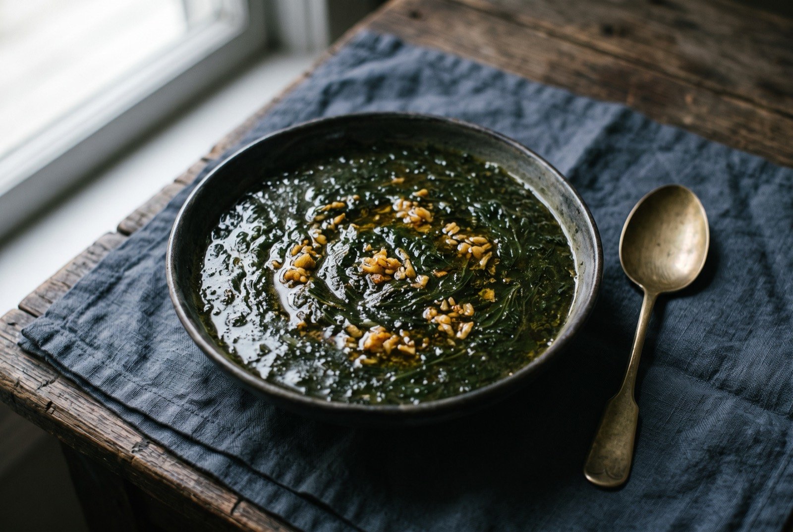 Molokhia: A shallow bowl of very dark green, almost olive black soup, thick and visibly slippery, the finely minced jute leaf suspended through the broth and drawing into short glossy strings as the spoon lifts. Flecks of golden fried garlic float on an oily surface sheen.