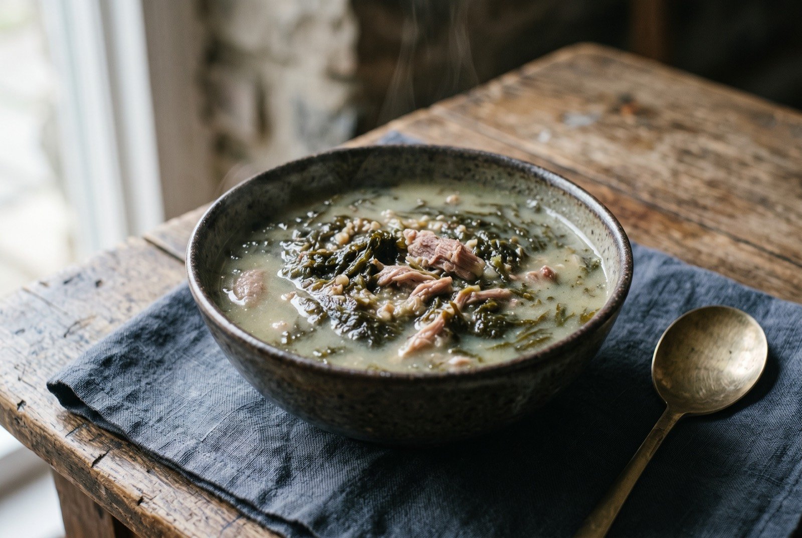 Momguk, pork bone broth with mom seaweed thickened with buckwheat: a deep bowl of pale, faintly greyish-green pork broth, dark strands of seaweed threaded through the thickened liquid, a few shreds of pork visible at the surface.