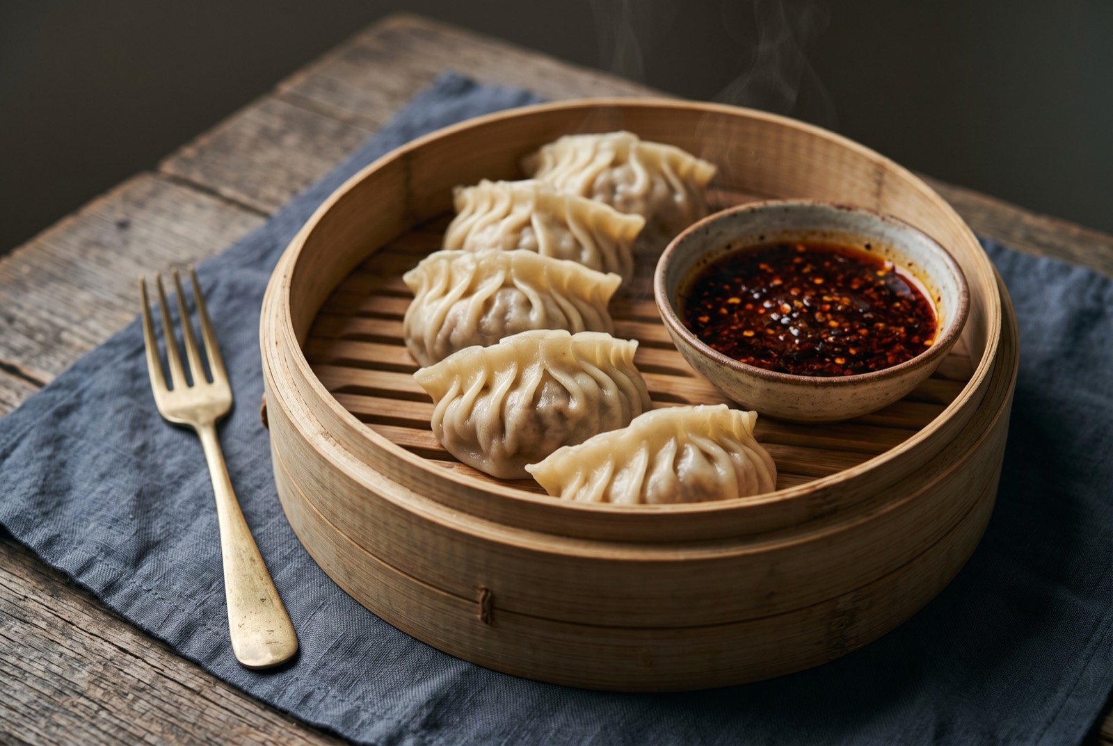 Momo, pleated steamed dumplings with a spiced meat filling: a neat row of pleated, translucent-skinned dumplings on a round steamer tray, each crimped seam visible at the top, a small bowl of dark red.