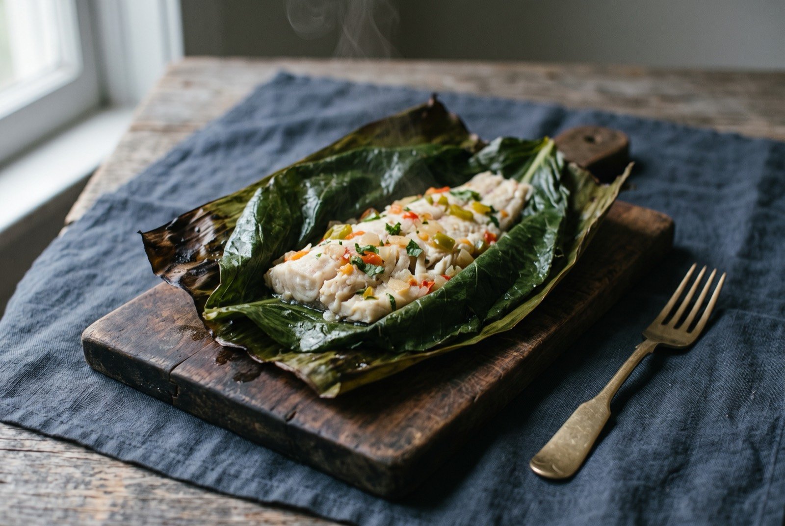 Mone de pescado, fish steamed in hoja santa and banana leaf: a partially unwrapped banana leaf parcel on a dark board, the darker aniseed scented hoja santa leaf visible just inside.