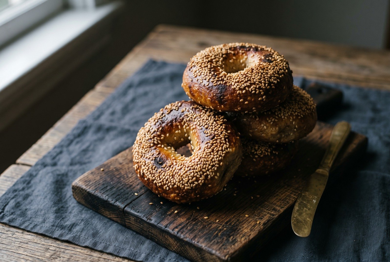 Montreal bagel, honey water boiled and wood fired: a small stack of dense, glossy, deeply browned bagel rings with a narrow centre hole, thickly crusted in toasted sesame seeds.