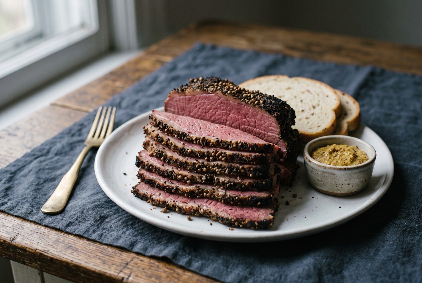 Montreal smoked meat, hand cut peppery cured brisket: thick, hand cut slices of dark, peppery crusted smoked beef stacked high, the meat a deep rosy pink at the centre fading to a blackened pepper and coriander crust at the edges.