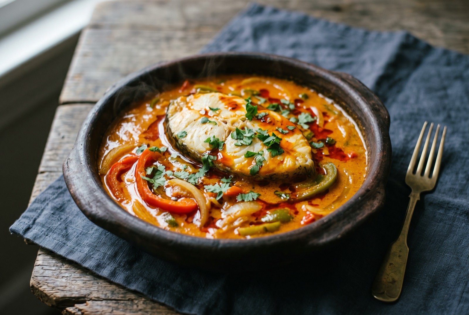 moqueca baiana: a firm white fish steak in a burnt orange dendê and coconut milk stew, sliced peppers and onion beneath a glossy red orange oil slick, in a dark clay pot