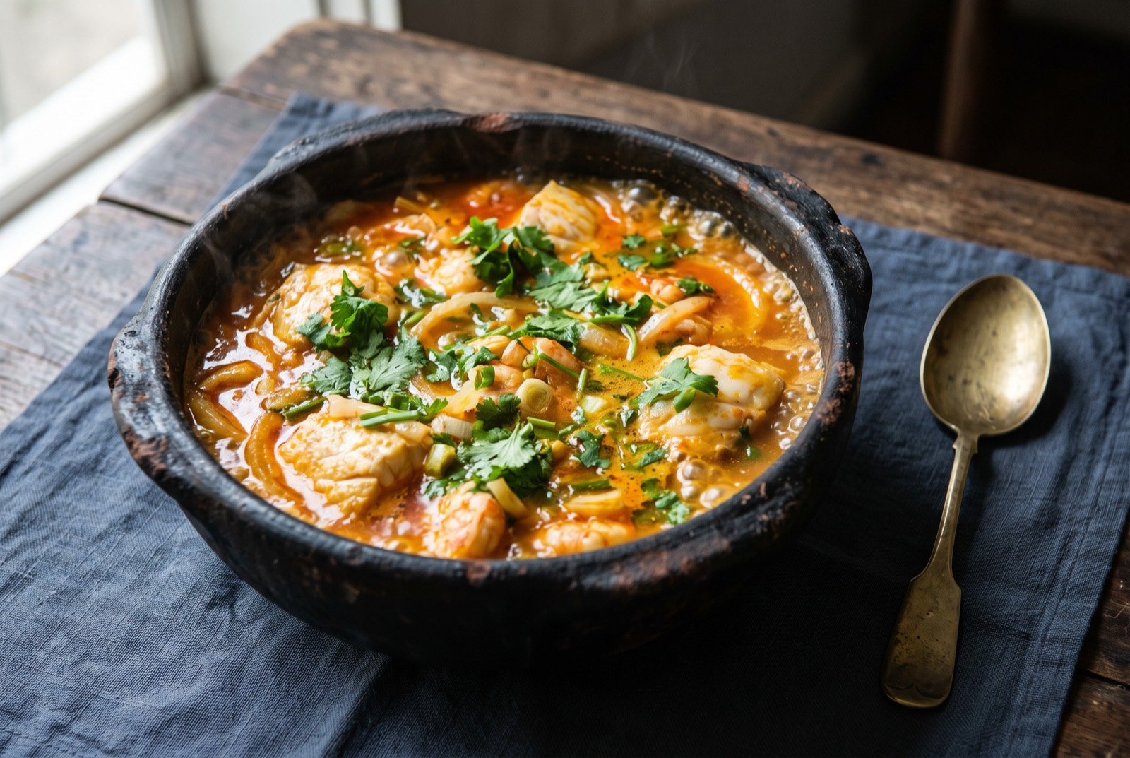 Moqueca capixaba, Espírito Santo's clay-pot fish stew: a shallow blackened unglazed clay pot holding whole pieces of white fish in a thin bright orange red urucum-stained broth.