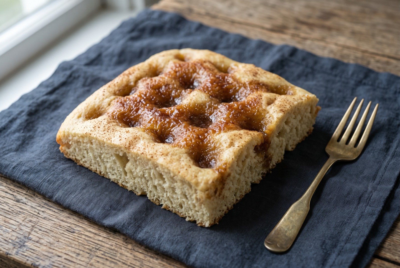 Moravian sugar cake, a dimpled yeasted cake pooled with butter and brown sugar: a square of pale golden yeasted cake dense with deep, glossy caramel coloured dimples where butter and brown sugar have melted into the dough.