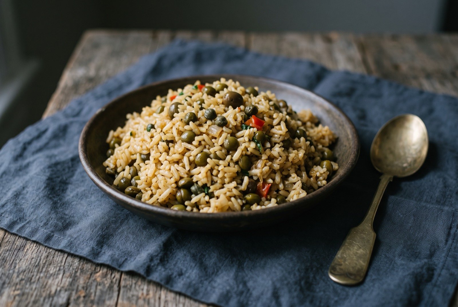 Moro de guandules con coco, pigeon pea rice cooked in coconut milk: a mound of pale golden rice studded with olive green pigeon peas, a faint coconut sheen across the surface, a few dark olives and capers visible.