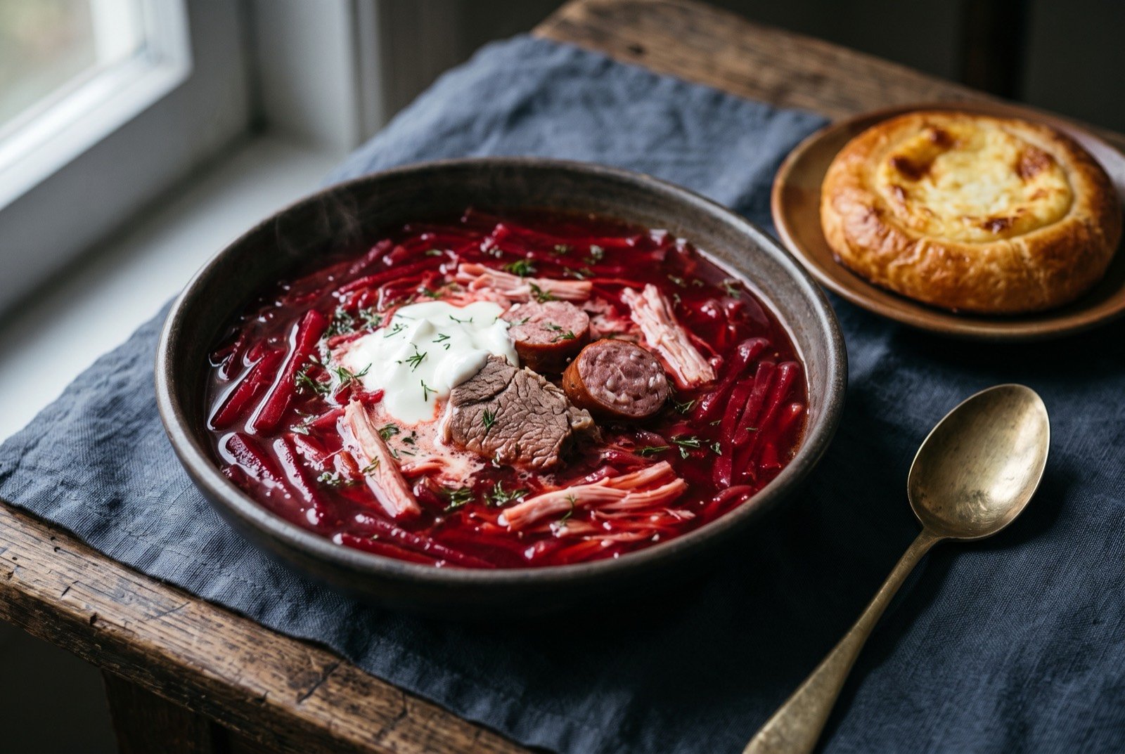 Moscow-style borscht, a beef and smoked pork broth with julienned beetroot and no potato: a wide bowl of deep garnet red soup, fine julienned strips of beetroot and pale smoked pork visible beneath the surface.