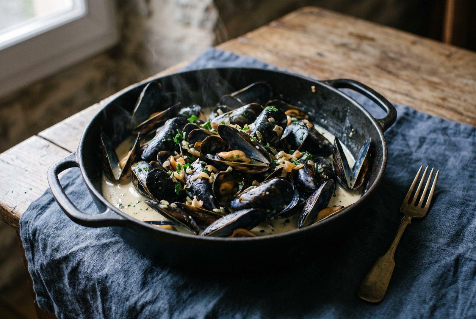 Moules a la creme normande, mussels steamed in cider and finished with cream: a wide bowl piled with glossy black mussel shells, most fully open, coated in a pale golden cream sauce flecked with tiny pieces of shallot.