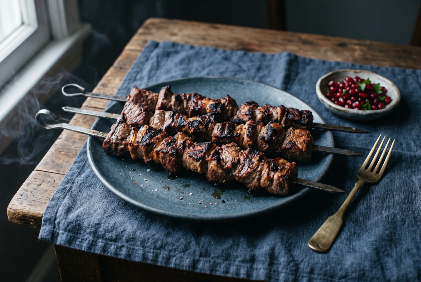 Mtsvadi, charcoal grilled cubes of marinated pork threaded on a long skewer: large cubes of well charred, deeply browned pork threaded closely along a long metal skewer, visible grill marks and blackened edges.