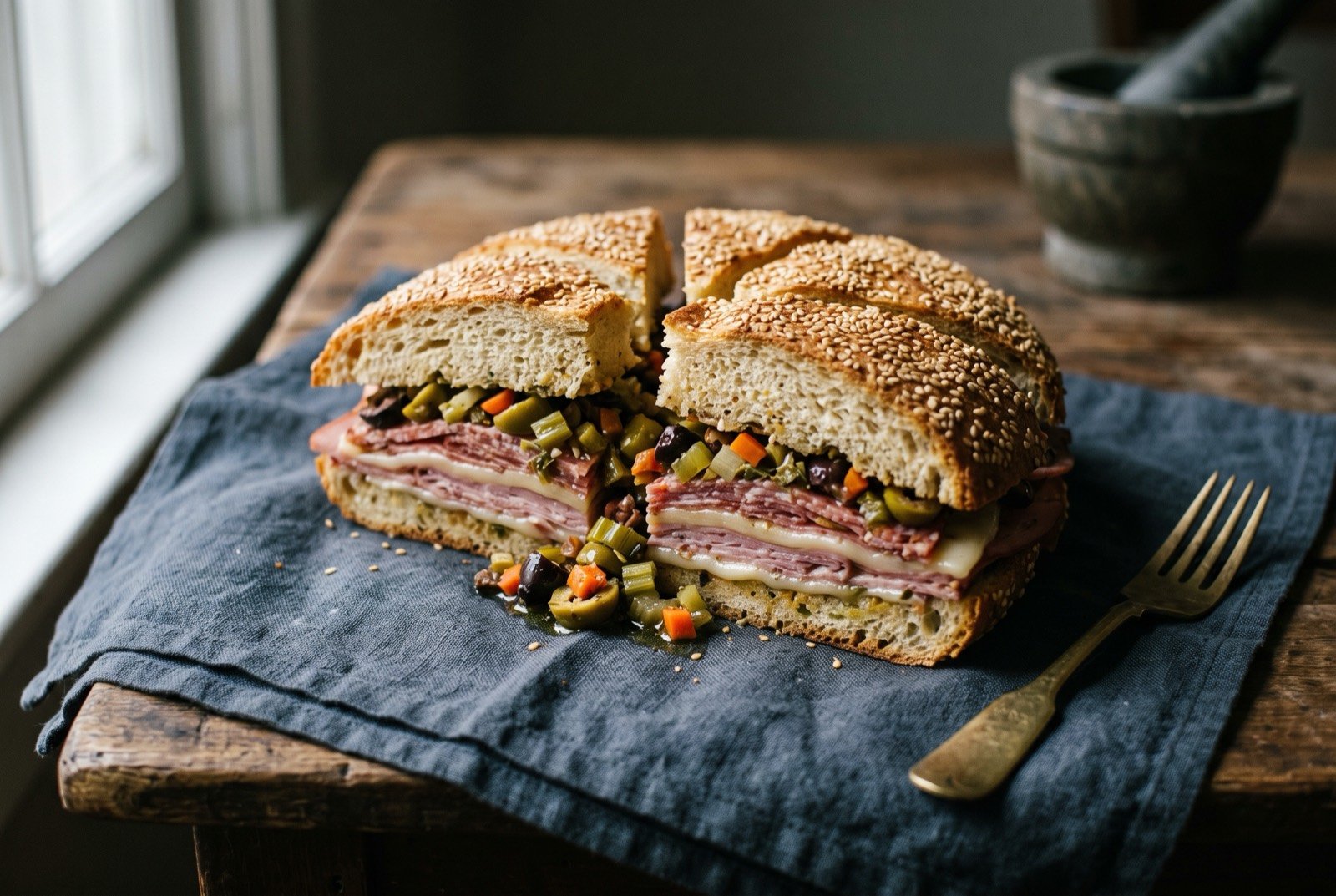 The muffuletta, Sicilian New Orleans: a round, sesame crusted loaf sliced into wedges, layered with mortadella, salami, ham and melted provolone, a glistening chopped olive salad spilling from between the layers.
