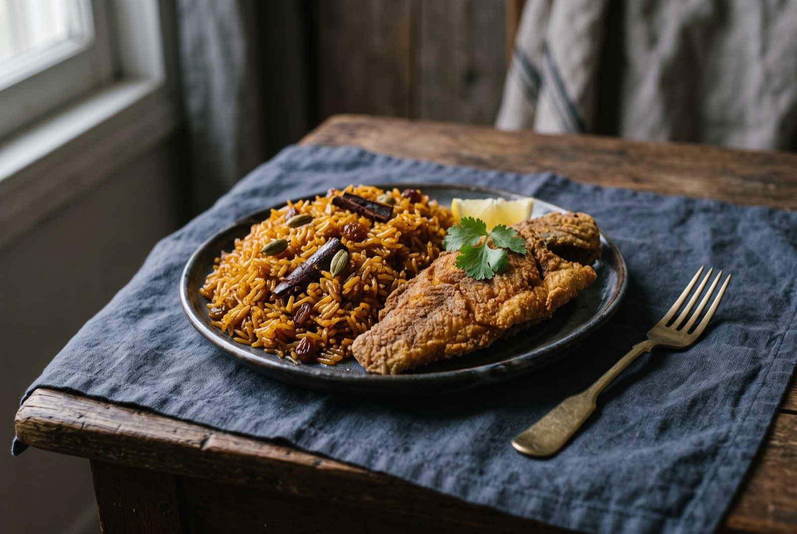 Muhammar, sweetened saffron rice with fried hamour: a mound of deep amber, glossy sweetened rice beside a whole fried golden-brown fish fillet, a few whole cardamom pods visible in the rice.