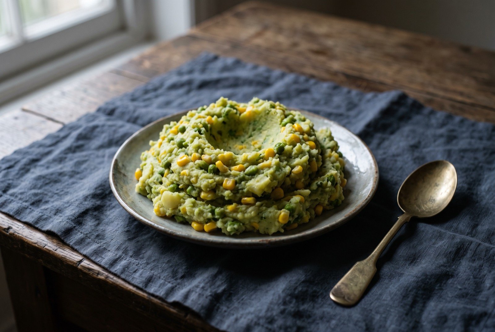 Mukimo: a pale green mash of potato, maize kernels and peas mounded on a plate, the sweetcorn and whole peas clearly visible through it.