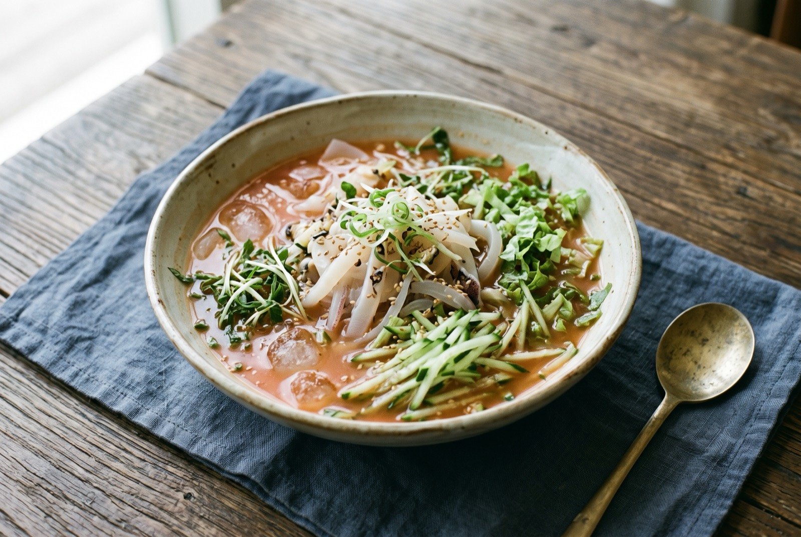 Mulhoe, iced raw seafood in a cold spiced dressing: a wide shallow bowl of pale reddish-orange iced broth, thin translucent strips of raw squid and turban shell submerged among shredded cucumber and lettuce.