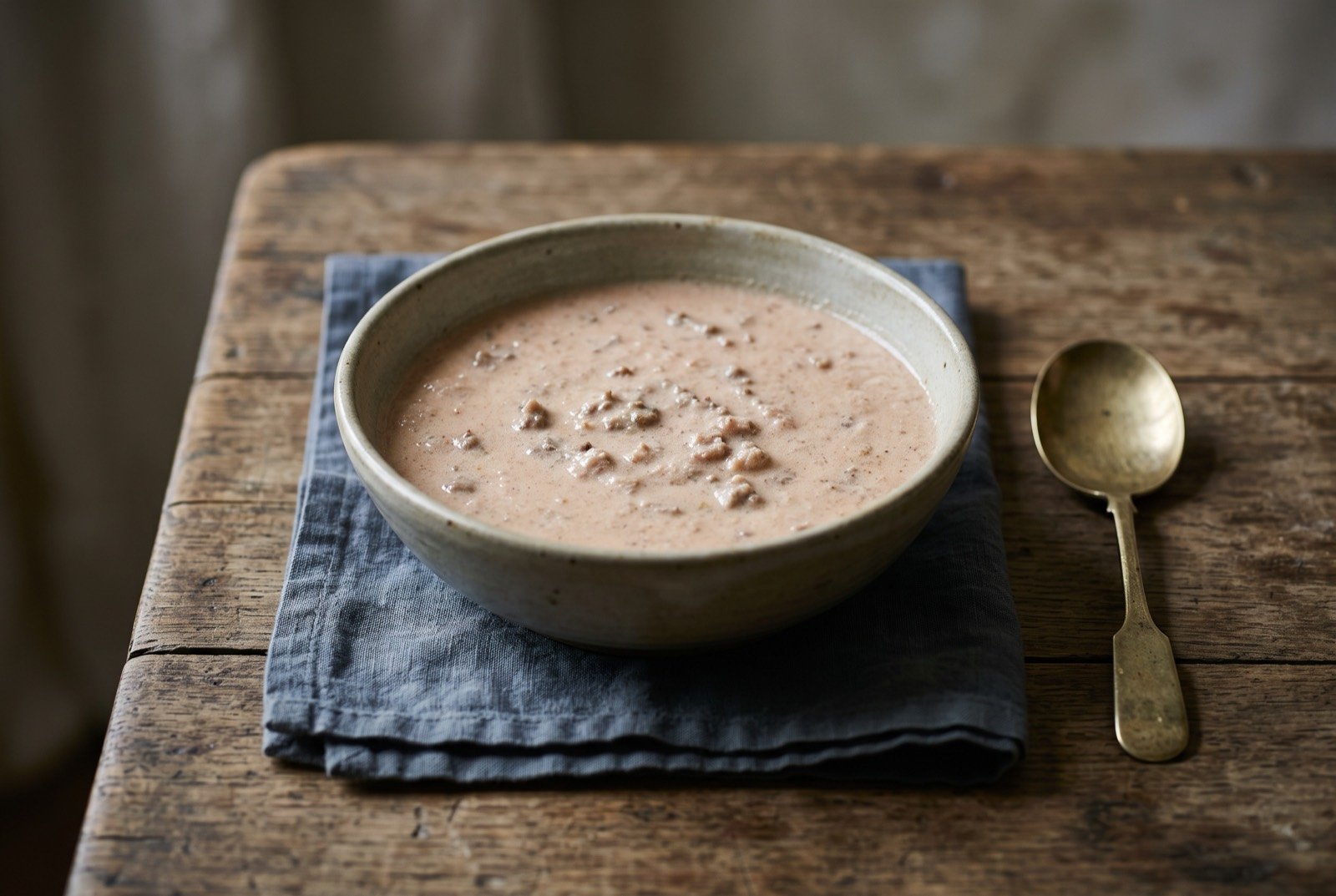 Mullah rob: A pale buff pink sauce, opaque and very slightly grainy from soured milk, with lamb mince suspended through it and a faint tan cast from groundnut and tomato concentrate. Thick.