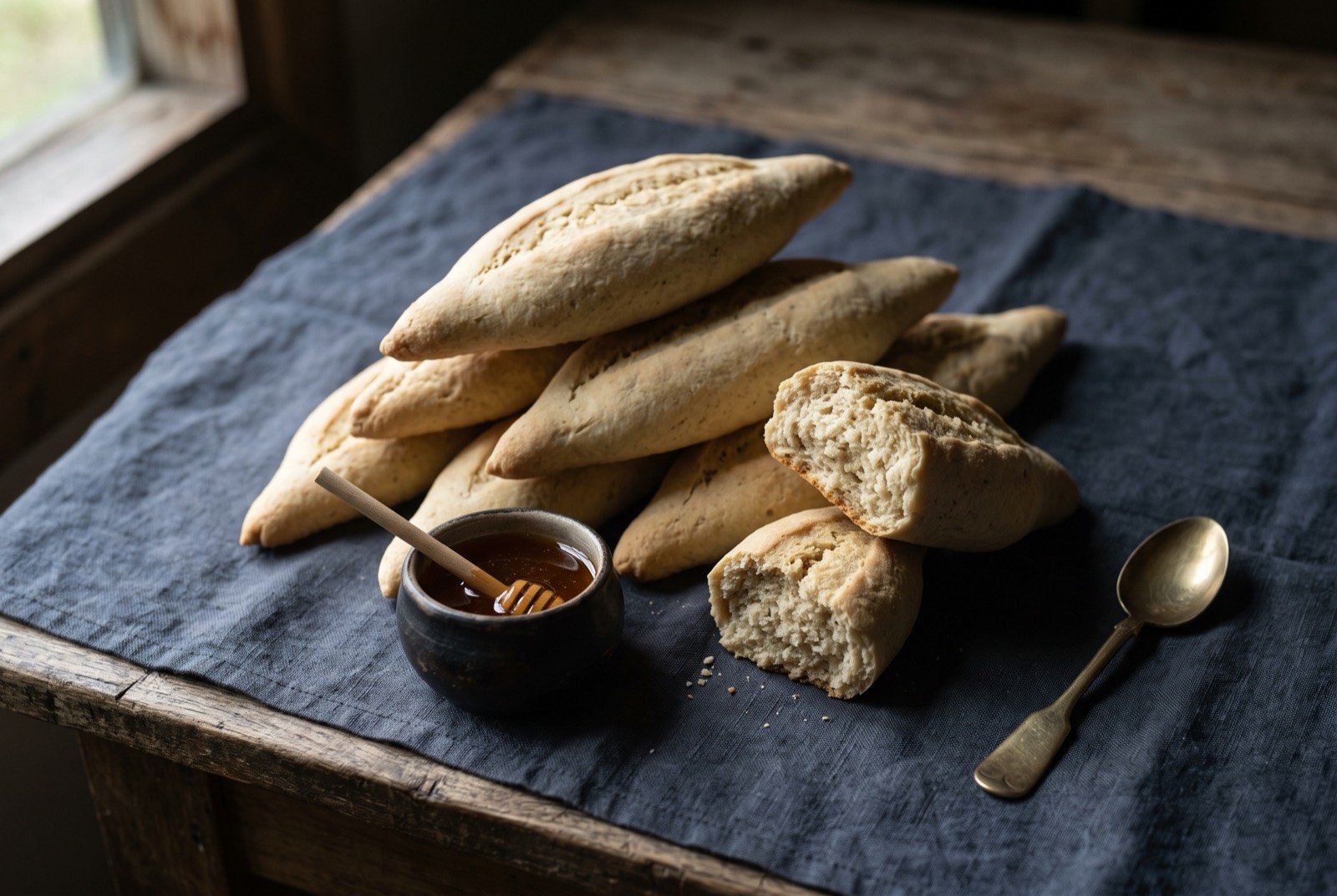 Mültrün, a Mapuche wheat dumpling bread shaped into small pointed loaves: a small pile of pale golden brown dumplings, each tapered to a point at both ends, their surface lightly cracked and matte.