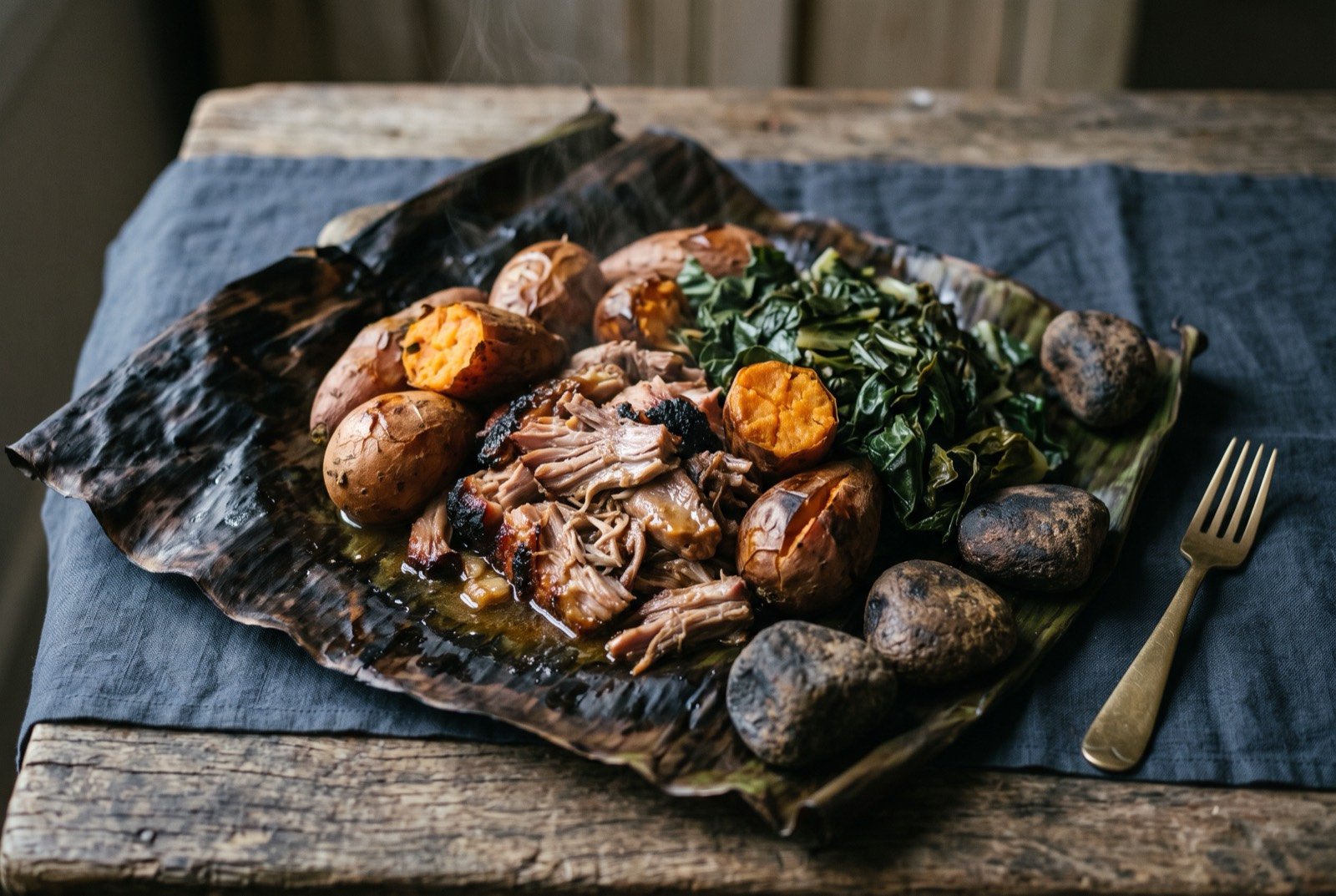 Mumu, pork, kaukau and kumu greens lifted from an earth oven pit lined with banana leaf: a mound of pulled pork, whole small sweet potatoes and torn dark green greens piled together on a large charred banana leaf.