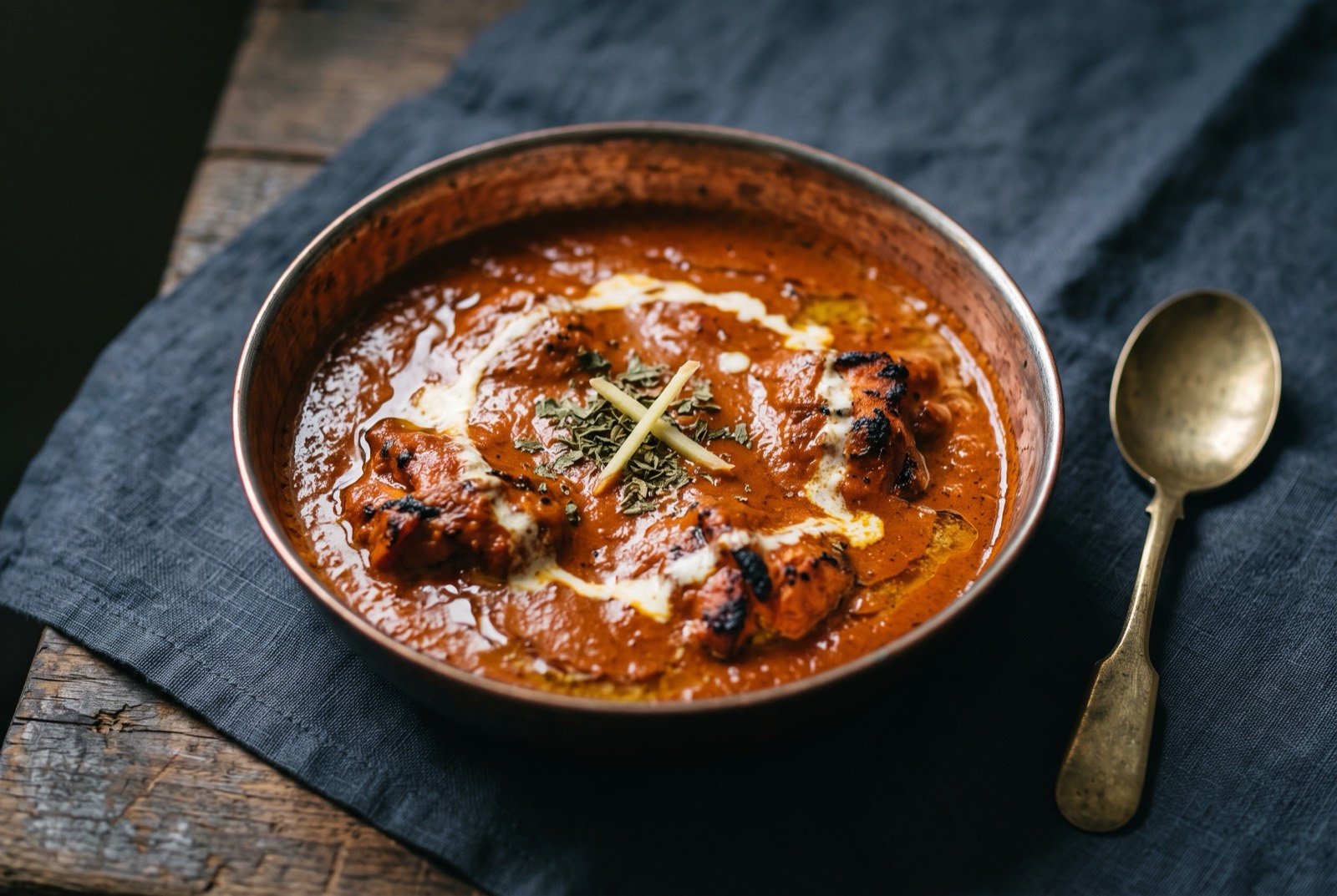 Murgh makhani, butter chicken in a reduced tomato and cream gravy: a shallow copper-lined bowl of glossy, deep orange-red gravy, flecked with melted butter pooling faintly at the rim, chunks of tandoori chicken breaking the surface.